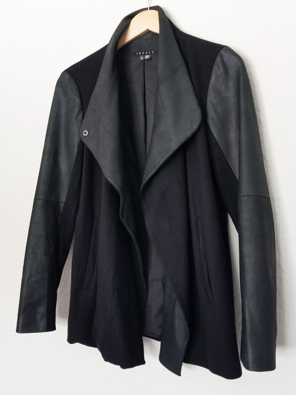 Theory Naomo Classic Leather Jersey Jacket Black XS Mixed Media Drape Biker $589